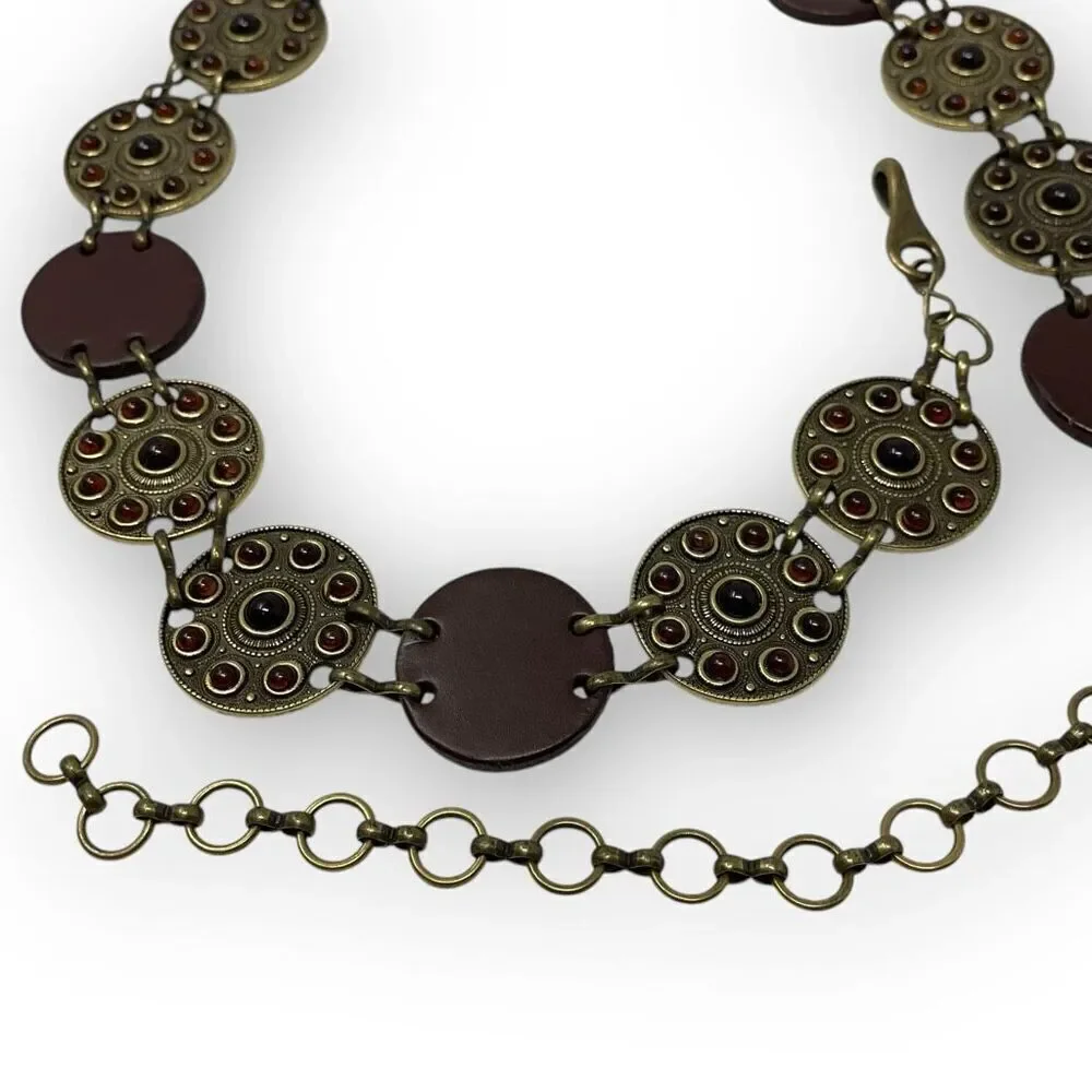 Metal & Faux Leather Ornate Circle Coin Chain Red Stones Brass Tone Belt 41”